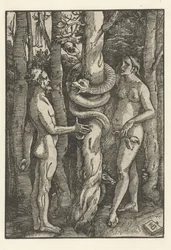 Adam og Eva med slangen Fristelse