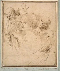 ""La mort representee avec sept tetes"" (Døden mellem syv hoveder) Tegning af Hans Baldung (Baldung Grien)(1484-1545) vers 1515 Privat samling