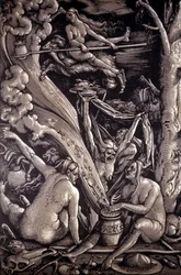 Heksenes sabbat, gravering af Hans Baldung Green, tysk maler, gravør og tegneserietegner (1484-1545).