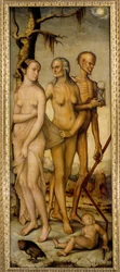Livets tidsaldre En ung kvinde, en gammel mand og et skelet med et timeglas. Maleri af Hans Baldung dit Grien (1484-1545) 1540 Dim. 1,51 x 0,61 m Madrid, Prado-museet