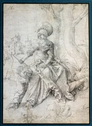 Kvinden, der rider på manden: Phyllis sidder på ryggen af Aristoteles, der går på alle fire. Tegning af Grien Hans Baldung (1484-1545) Ec. Alle.