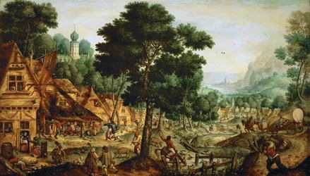 Landsbyflamand - flamsk landsbyliv - Hans Bol (1534-1593). Olie på træ, ca 1562. Mål: 49,5x83,8 cm. Kunsthistorisk museum, Vienne
