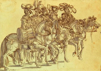 Fem trommeslagere til hest, ca. 1500 (pen & blæk og vask på papir)