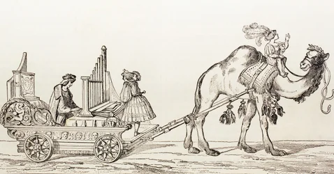 Organisten Paul Hofhaimer spiller i en vogn trukket af en kamel, fra "El Mundo Ilustrado", udgivet i Barcelona i 1880.