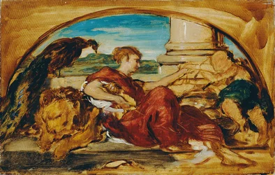 Allegorisk figur med løve og påfugl