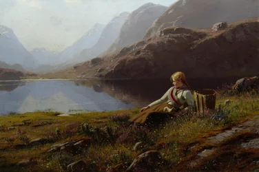 Pigestrikning ved bjergsøen (olie på lærred)