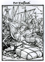 Døden og købmanden, fra "Dødedansen", graveret af Hans Lutzelburger, ca.1538
