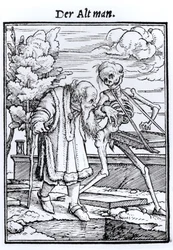 Døden og den gamle mand, fra „Dødedansen“, graveret af Hans Lützelbürger, ca. 1538