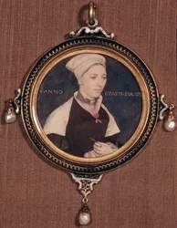 Miniatureportræt af Jane Small, tidligere kendt som Mrs. Robert Pemberton, ca. 1540 (wc på pergament monteret på spillekort)