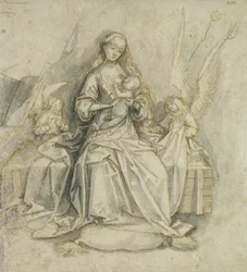 Madonna og barn (pen og brunt blæk med blyant på papir)