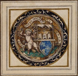 Amor stukket af bier - Design til et vedhæng eller hat-emblem, ca. 1532-43 (pen & blæk på papir)