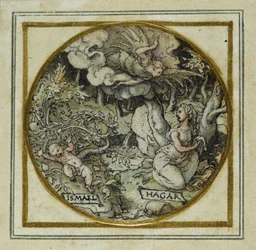 Hagar og Ismael - Design til et vedhæng eller et hatemblem, ca. 1532-43 (pen og blæk på papir)