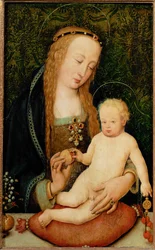 Sankt Maria rækker barnet en pomegrenat (maleri på lindetræ)