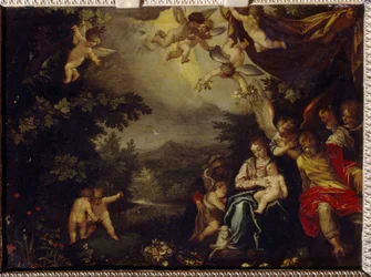 Den hellige familie med Saint Elizabeth og Saint John the Baptist. Maleri af Hans Rottenhammer Lyske (1564-1625), olie på kobber. Tysk kunst, slutningen af ​​det 16.-17. århundrede, barokkunst. State A. Pushkin Museum of Fine Arts, Moskva.