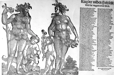 Broadside om de vilde skovmænds tilbagetrækning fra en verden, der har forandret sig til det værre, træsnit udført af Hans Guldenmundt, 1545