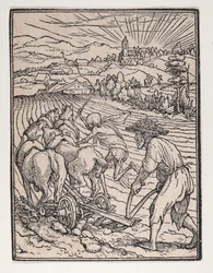Bonden eller plovmanden, fra Dødedansen, ca. 1526, udgivet 1538.