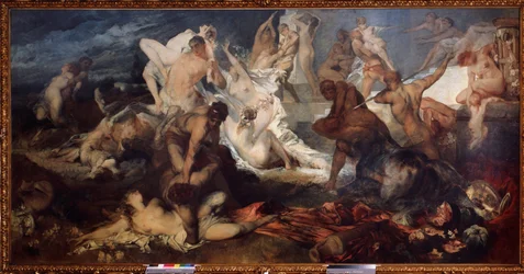 Slaget ved Kentaurer og Lapiths eller Laphites (Slaget om Kentaurer og Lapiths). I græsk mytologi massakrerede Lapitherne kentaurerne. Maleri af Hans Makart (1840-1884). Olie på lærred. Østrigsk kunst, art nouveau-periode. Statsmuseet for F