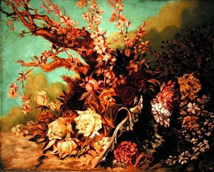 Blomsterarrangement med blomstergrene og pæoner, ca. 1884 (olie på lærred)
