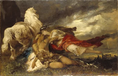Valkyrie og en døende helt, af Hans Makart (1840-1884). Olie på lærred. Mål: 130 x 200 cm. Nationalmuseum Stockholm