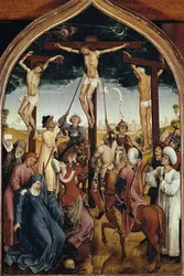 Korsfæstelse, højre del af diptykonen af Jeanne de France (Crucifixion, fra Jeanne af Frankrigs Diptykon) - Maleri af Hans Memling (1435/40-1494), olie på træ, 52x36 cm. Chantilly, Musee Conde.