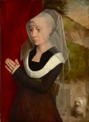 Femme en priere avec son chien - Bedende kvinde med sin hund, af Memling, Hans (1433/40-1494). Olie på træ