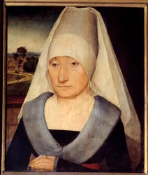 Portræt af en ældre kvinde Maleri af Hans Memling (1435-1494) 1400-tallet søn. 0,35x0,29 m - Portræt af en gammel kvinde. Maleri af Hans Memling (1435-1494)