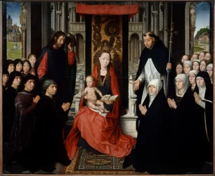 Jomfruen og barnet mellem Saint James og Saint Dominica præsenterer donorer eller jomfruen af Jacques Floreins. Maleri af Hans Memling (1435-1494) (ec.flam.) 1400-tallet søn. 1,3x1,6 m