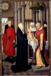 Triptykon af tilbedelse af magi. Detalje af højre panel: Præsentation ved templet. Detrempe på træ af Hans Memling (1433-1494), ca. 1470. Madrid. Prado Museum