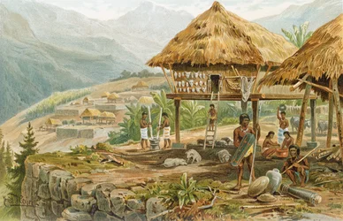 Igorrote-gård på Luzon, Filippinerne, fra «Menneskehedens historie», bind 1, af professor Friedrich Ratzel, 1896