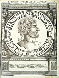 Aelius Hadrianus, illustration fra de romerske kejsere i hele øst og vest, de sandeste billeder af gamle mønter, træsnit af Rudolph Wyssenbach, trykt af Andreas Gesner, Zuri
