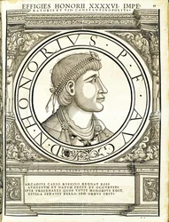 Honorius, illustration fra "Imperatorum romanorum omnium orientalium et occidentalium verissimae imagines ex antiquis numismatis", træsnit af Rudolph Wyssenbach, trykt af Andreas Gesner, Zürich, 15