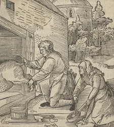 En bonde, der slagter et svin, fra Hymmelwagen auff dem, wer wol leben..., 1517.