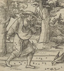Fuglene spiser frøene af såmanden, fra Hymmelwagen auff dem, wer wol Leben..., 1517.