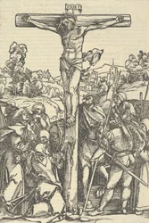 Korsfæstelsen, fra Rosenkransens besluttede have, 1505.