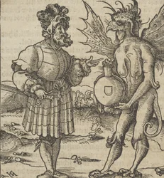The Devil Offering Poison to a Knight, fra Hymmelwagen auff dem, wer wol leben..., 1517.