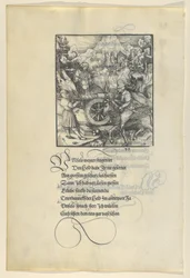 Unfalo bringer Theuerdanck i fare under affyring af en kanon, fra Theuerdanck, 1517.