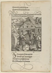 Opfordret af Fürwittig forsøger Theuerdanck at manipulere en poleringssten, fra Theuerdanck,..., 1517.