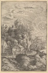 Landskab med et slot beliggende på en klippe, 1553.