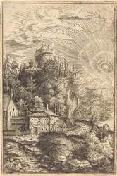 Landskab med et slot og strålende sol, 1553.