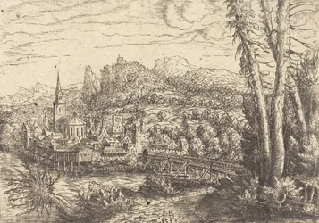Udsigt over en by nær en flod, 1553.