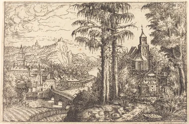 Udsigt over en by nær en flod med en kirke til højre, 1553.