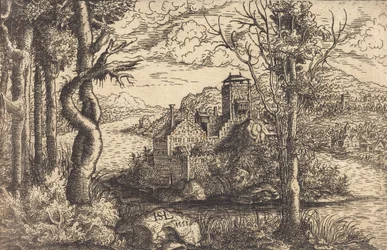Se på en flod med et slot på en ø, 1553.