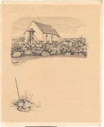Illustration til St. St. Blicher: "Mowns". F.o.: kirke bag stendige; f.n.: gravsted (?) med spade