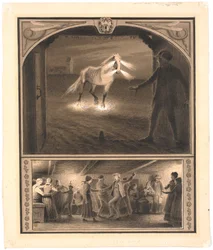 Illustration til St. St. Blicher: "Mowns". Helhesten og Mowns; f.n.: dans i bondestue