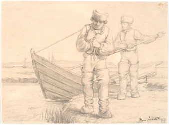 To limfjordsfiskere, der trækker en båd
