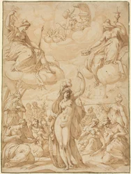 Allegori af Minerva som musernes hoved, i eller før 1575 (pen og blæk)