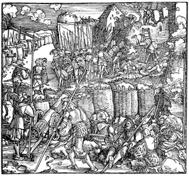 Belejring af en fæstning. Illustration fra bogen Phisicke Against Fortune af Petrarch, 1532