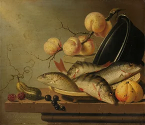 Stilleben med fisk og frugt