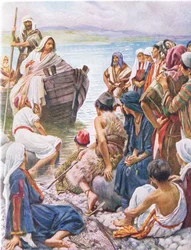 Kristus prædiker fra båden, illustration fra Harold Copping Pictures: The Crown Series, ca. 1920