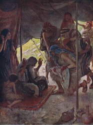 Josephs frakke bragt til Jacob, illustration fra Pictures That Teach The Crown Series, 1920